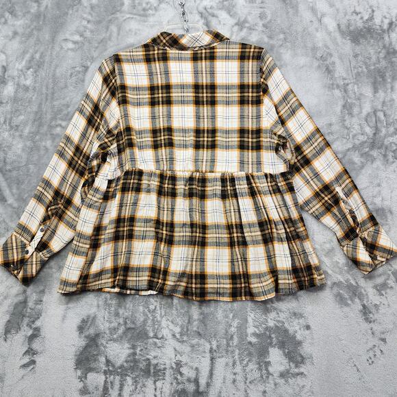 Torrid Top Womens 1 1X/14-16 Yellow Black Plaid Peplum Crinkle Flannel Gauze - Picture 2 of 10